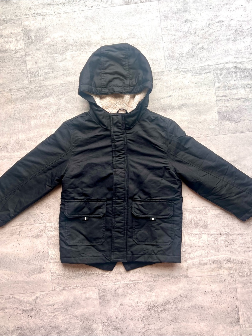 Kids Black Hooded Winter Coat with Sherpa Lining
